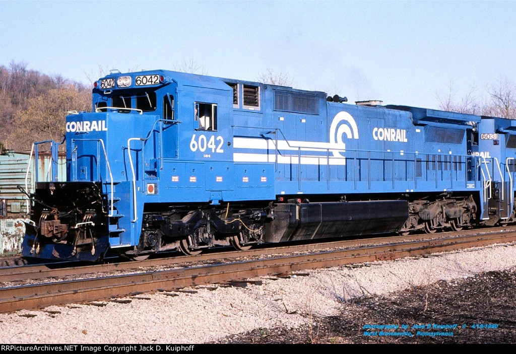 CR, Conrail 6042, C40-8, Brownsville, Pennsylvania. April 18, 1990. 